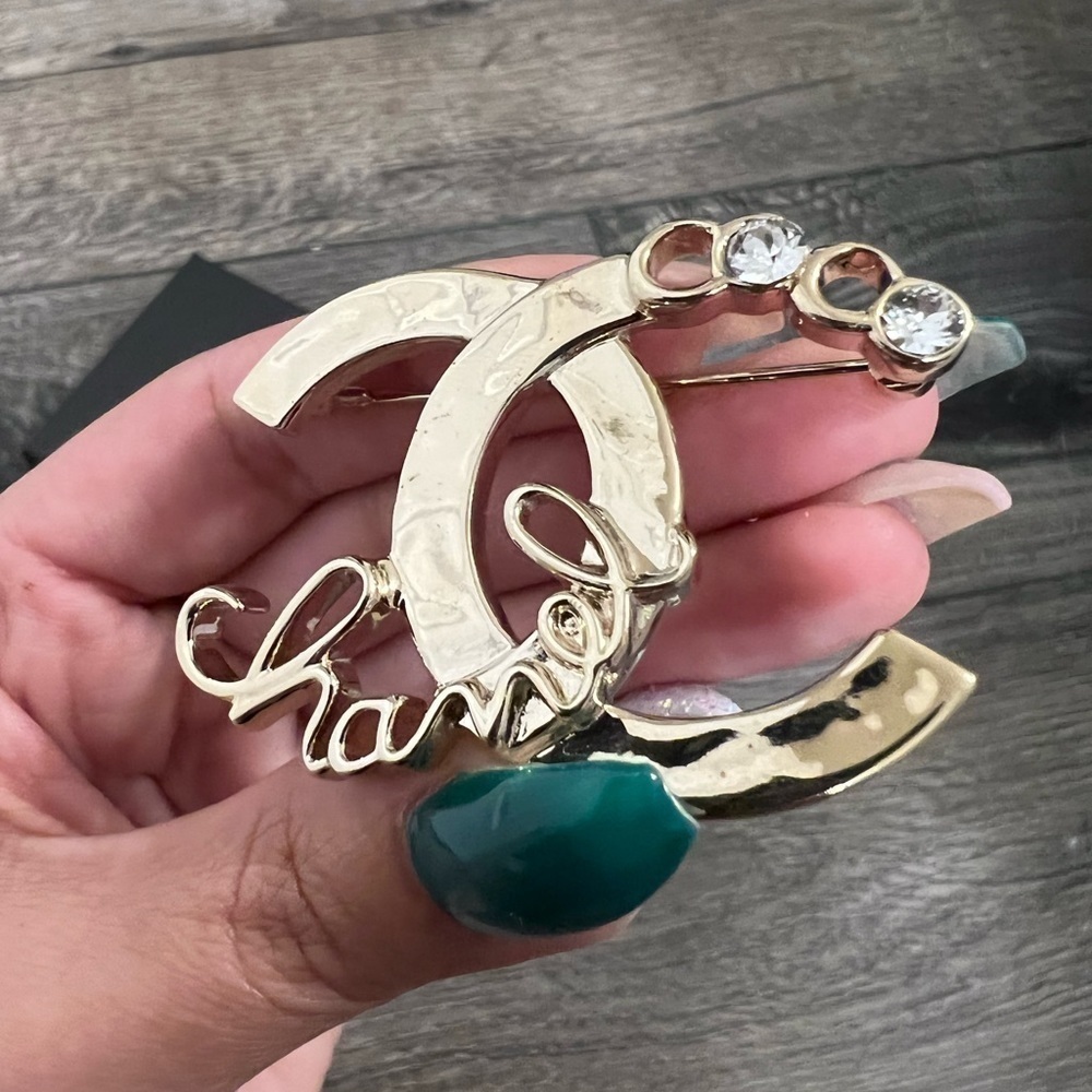 Chanel Crystal Coco Script Brooch Light Gold - Au… - image 3